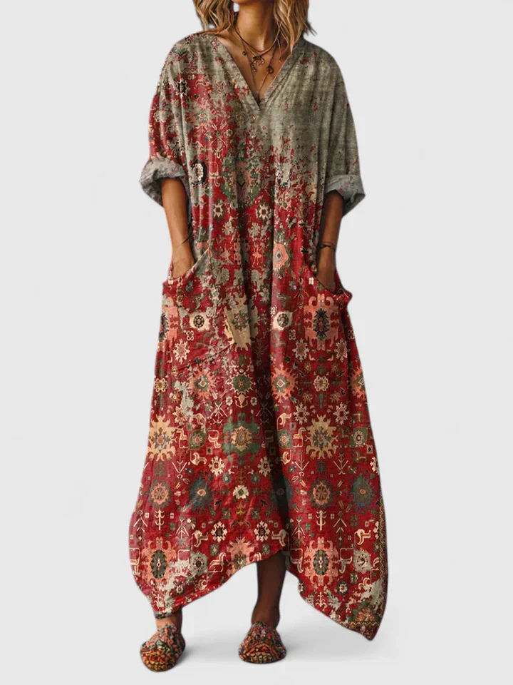 red and gray bohemian floral print maxi dress with oversized pockets