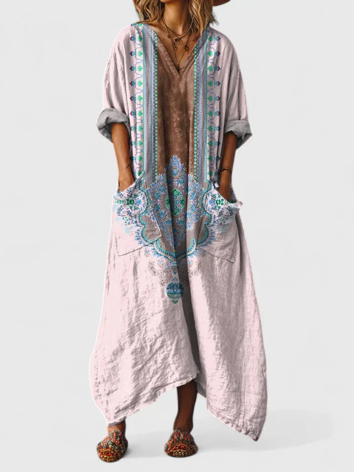 pink boho medallion print maxi dress with V-neck and patch pockets