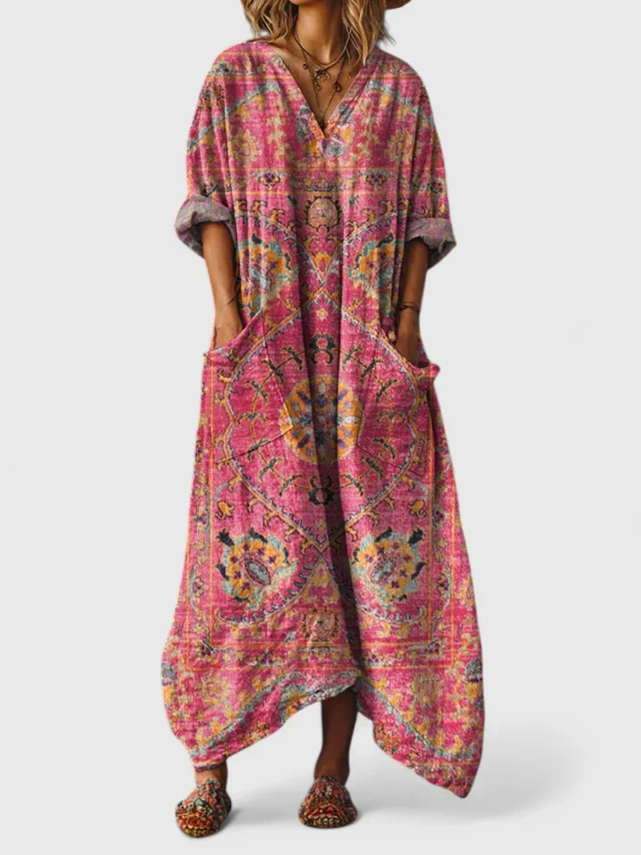 hot pink paisley print bohemian maxi dress with front patch pockets