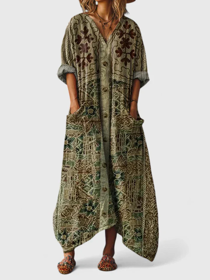 olive green button-front boho maxi dress with tribal print pockets