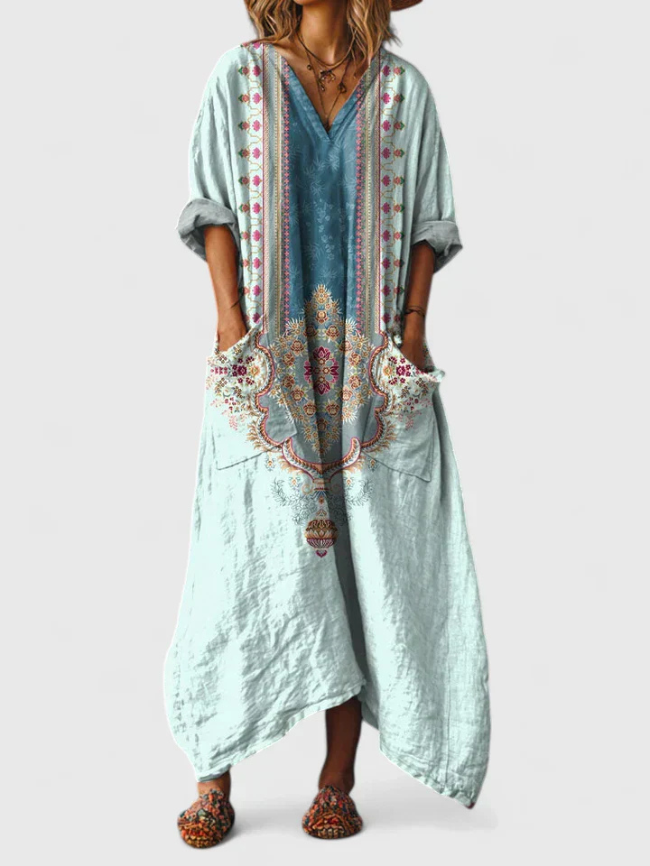 light blue bohemian print maxi dress with contrast pattern pockets