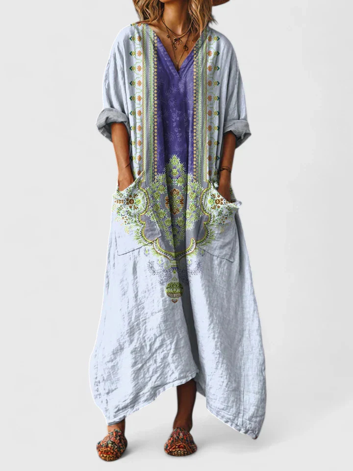 gray and purple boho print maxi dress with front patch pockets