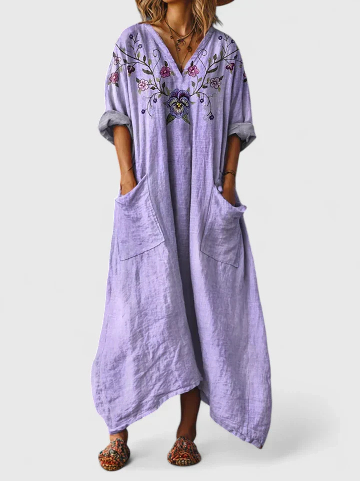 lavender floral embroidered cotton maxi dress with front pockets