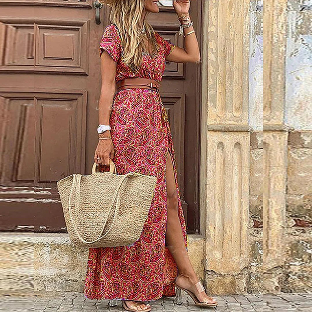 red paisley print boho maxi dress with matching belt detail