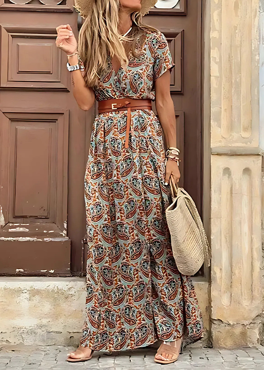 sage green paisley maxi dress with brown belt and flowy skirt