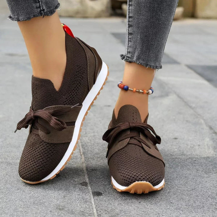 brown knit sneakers with bow tie lace and contrast white sole