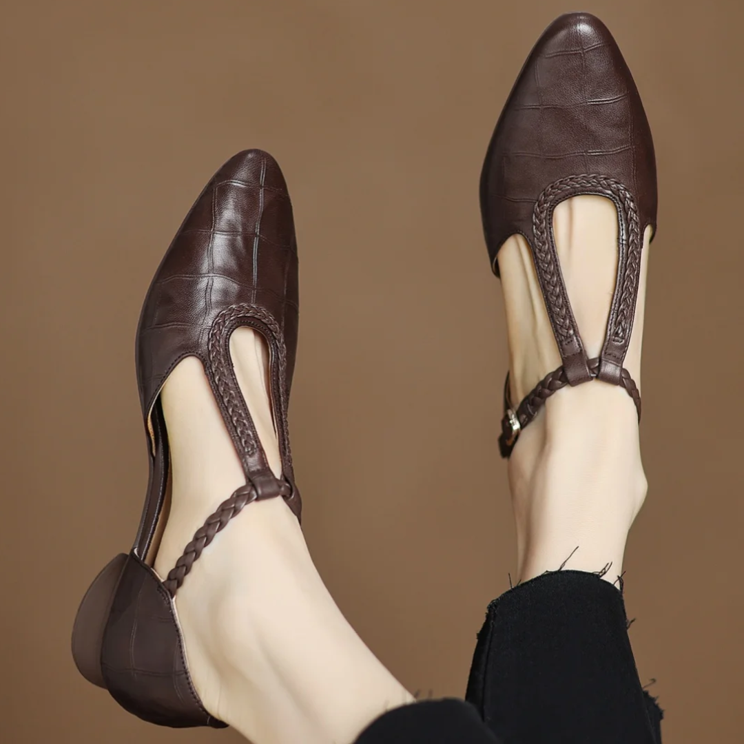brown leather T-strap Mary Jane flats with pointed toe and braided straps