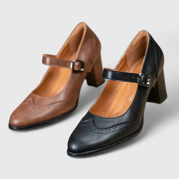 Brown and black leather Mary Jane pumps with block heels side by side
