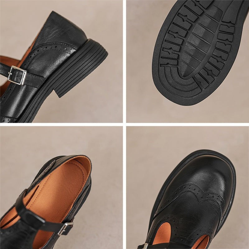 detail shots of black leather Mary Jane shoe showing heel, sole, and toe design