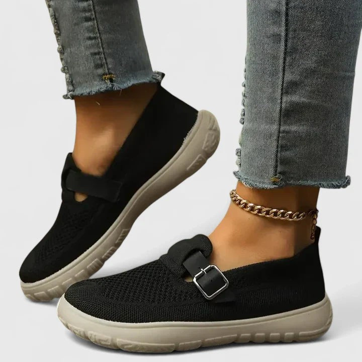 black knit orthopedic loafers with buckle strap and slip-on design