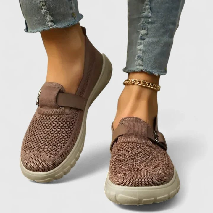 taupe mesh orthopedic loafers with buckle accent and lightweight platform sole