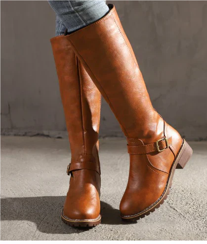 Cognac brown knee-high boots with ankle buckle strap and stacked heel