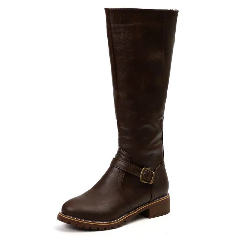Dark brown knee-high boot with buckle strap on plain white background