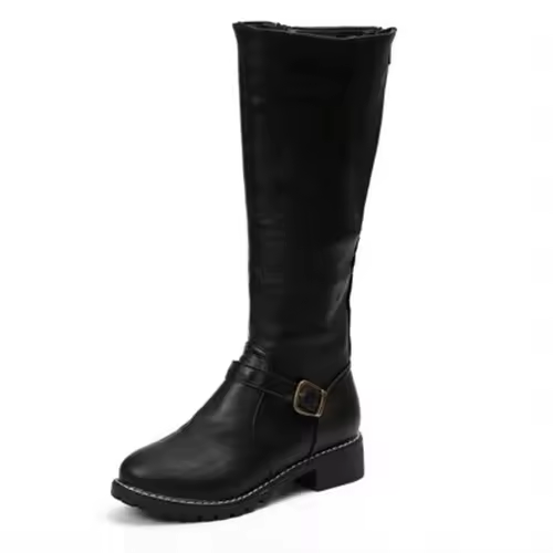 Black knee-high boot with side zip and buckle on white background