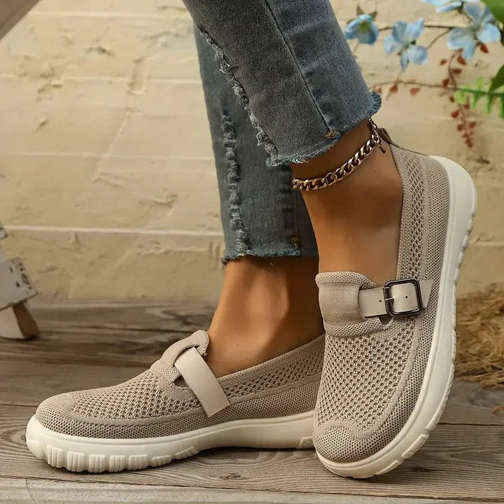 Beige knit Mary Jane sneakers with buckle strap and white platform sole