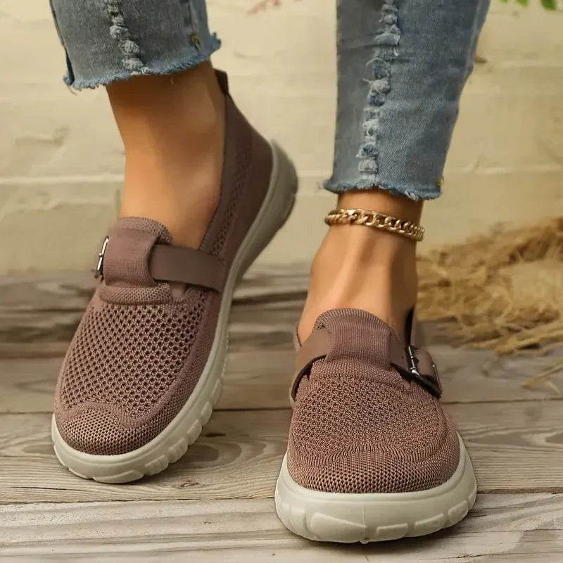 Mauve knit slip-on Mary Jane sneakers featuring buckle detail and cushioned sole
