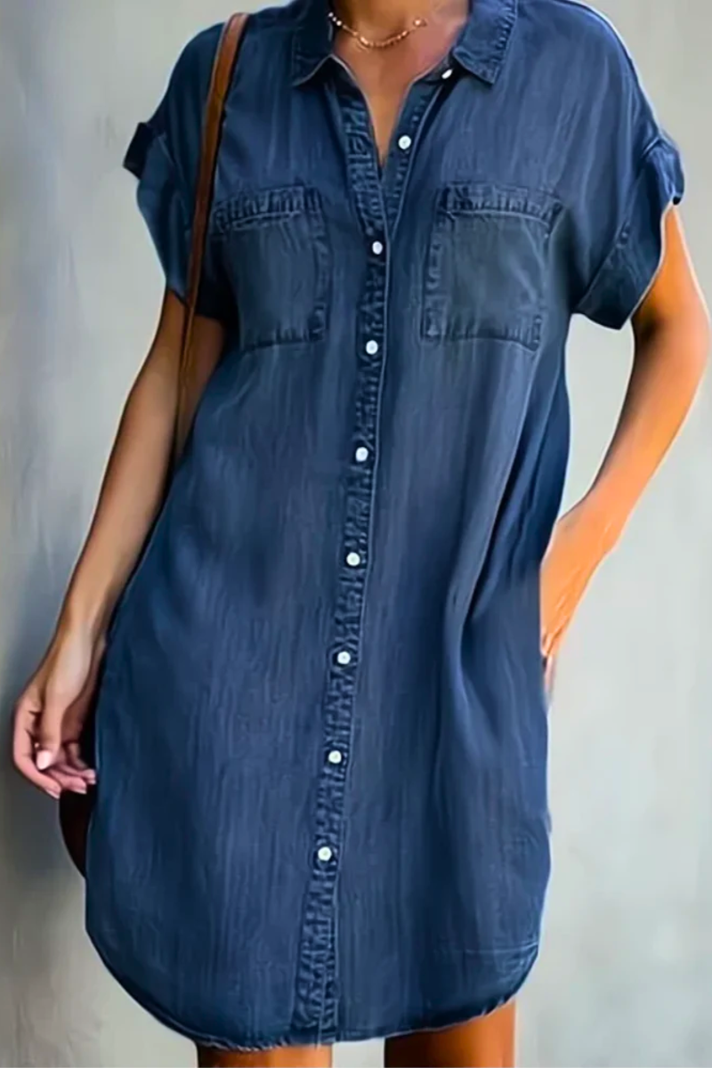 Dark denim button-front shirt dress with chest pockets and cuffed short sleeves