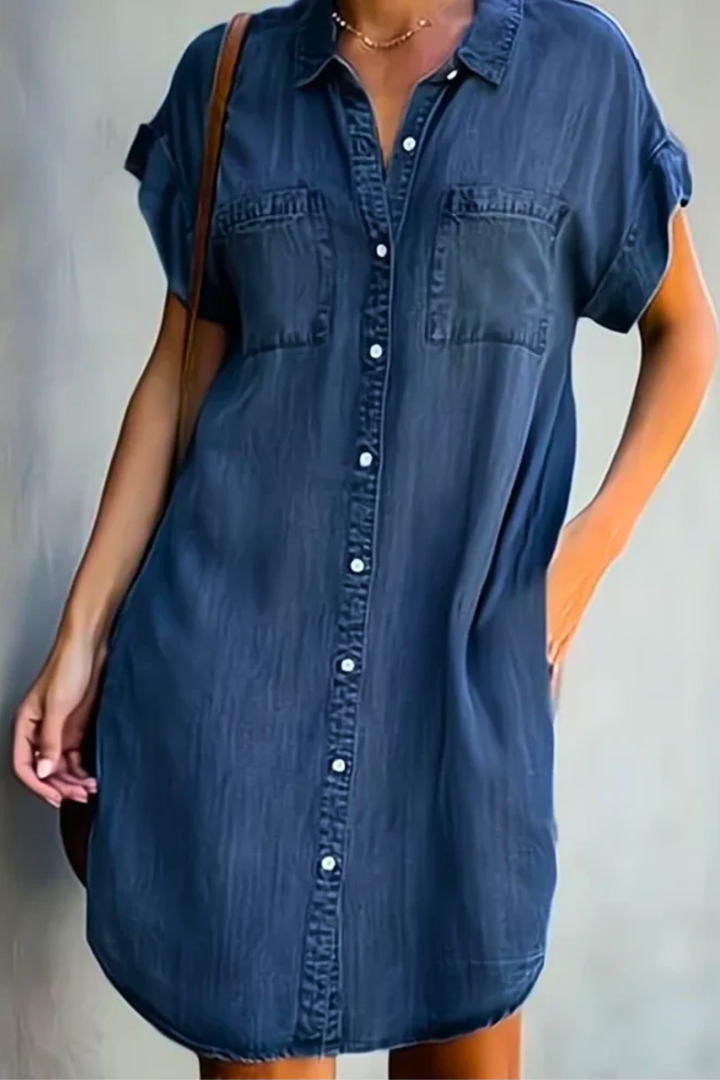 Dark denim button-front shirt dress with chest pockets and cuffed short sleeves