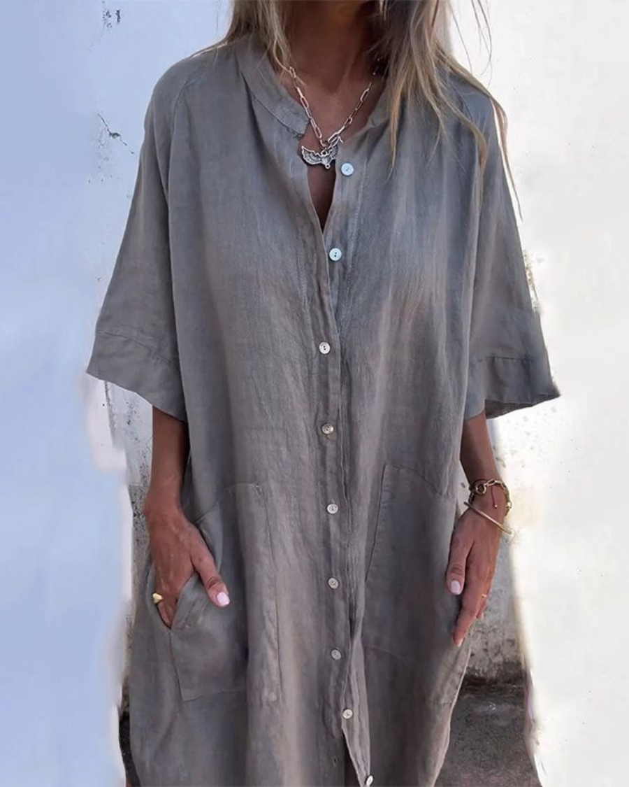 Gray linen button-front shirt dress with patch pockets and half sleeves