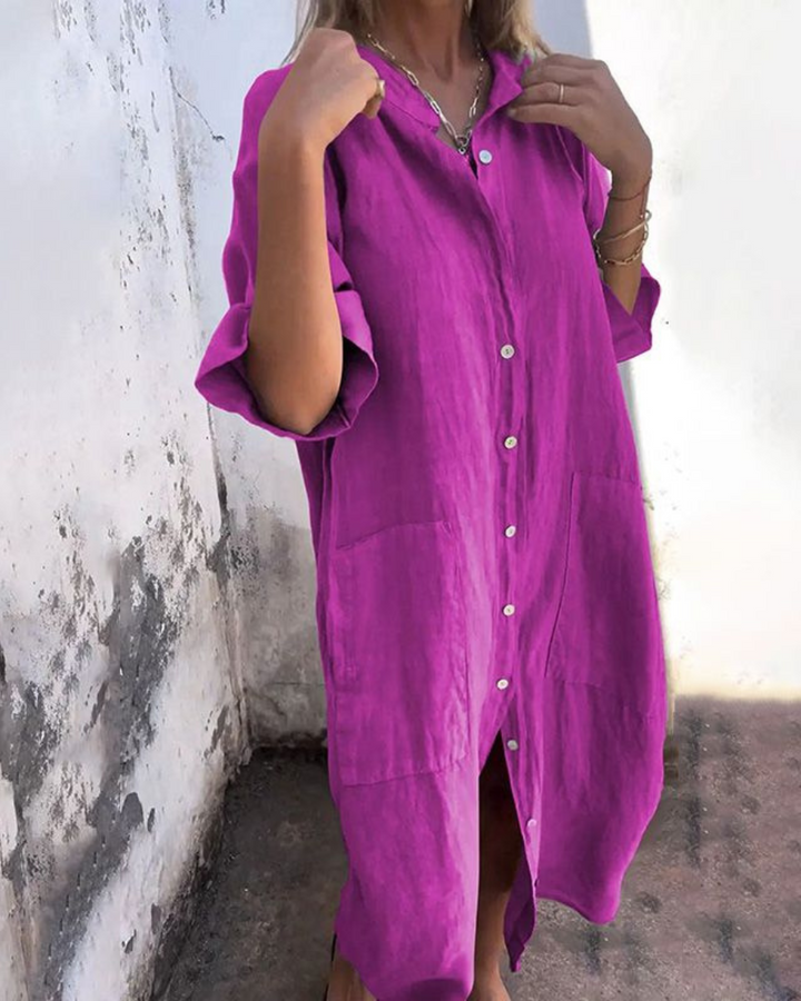 Magenta linen shirt dress with collared neckline and oversized fit