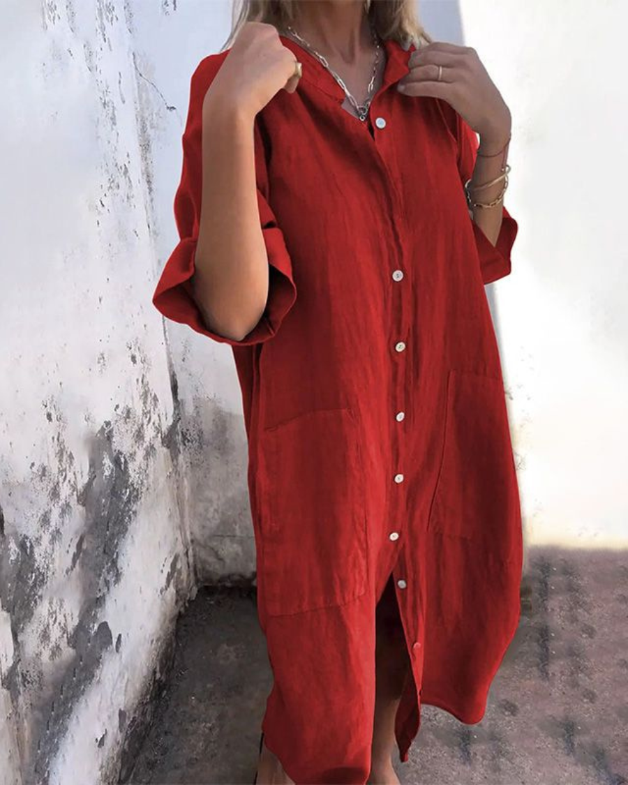 Red button-down shirt dress with patch pockets and half-length sleeves