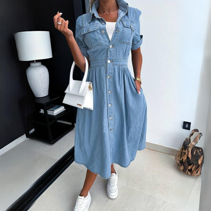 Chambray midi dress with front pockets and cinched waist detail