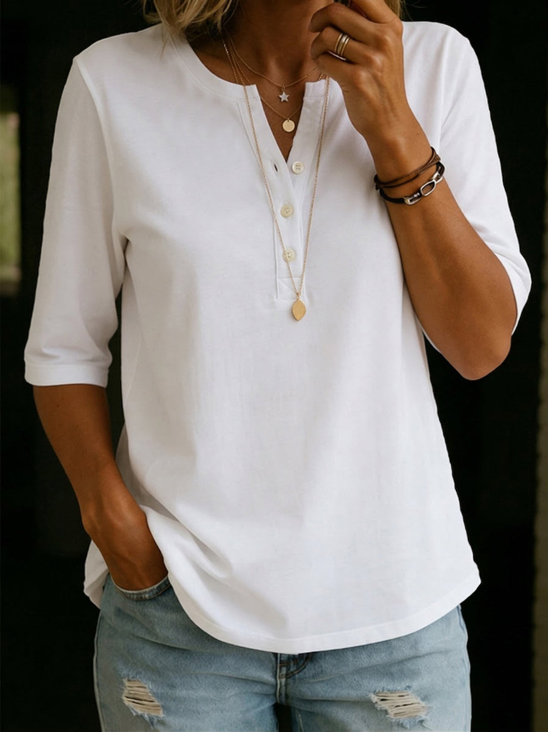 White cotton Henley top with button placket and split neck
