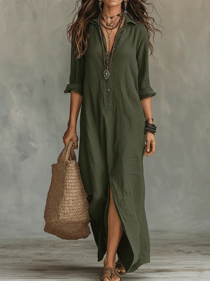 Olive green button-front maxi shirt dress with collar and rolled long sleeves