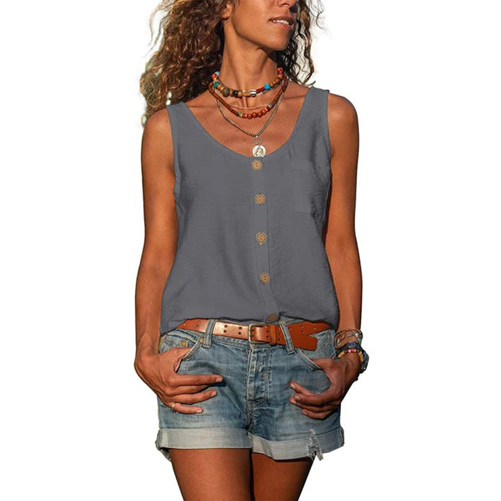 Gray button-front sleeveless top with scoop neck and chest pocket