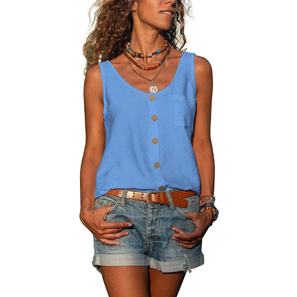 Sky blue button-front tank top with scoop neckline and front pocket