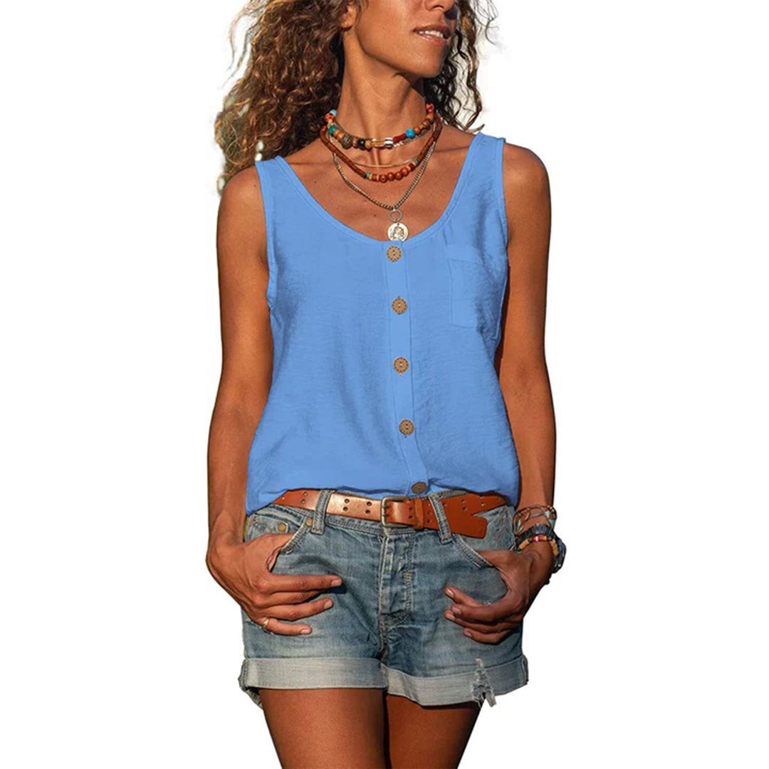 Sky blue button-front tank top with scoop neckline and front pocket