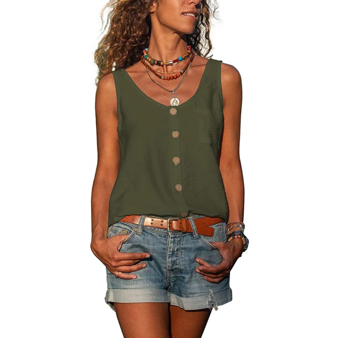 Olive green sleeveless button-up top with relaxed loose fit