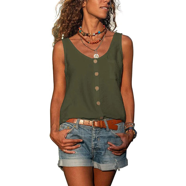 Olive green sleeveless button-up top with relaxed loose fit