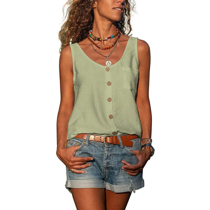 Sage green sleeveless button-up top with casual loose fit