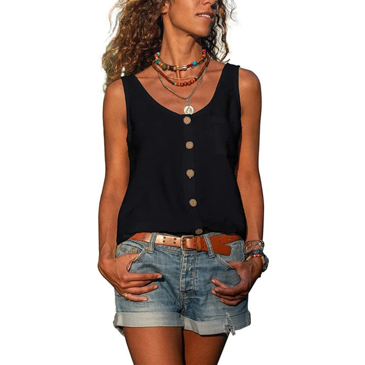 Black sleeveless button-up top with scoop neck and chest pocket
