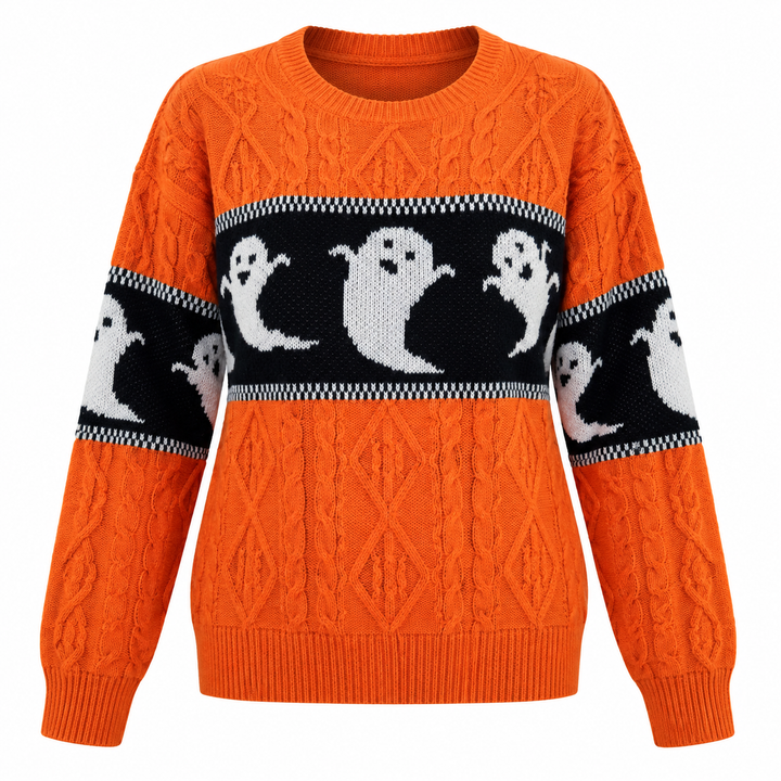 Orange ghost print crew neck sweater with cable-knit texture, flat lay view