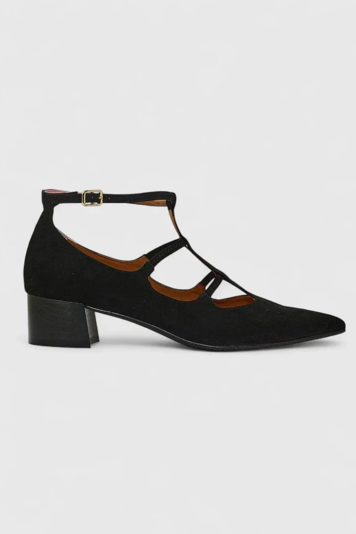 black suede pointed-toe heels with cutout T-strap ankle design