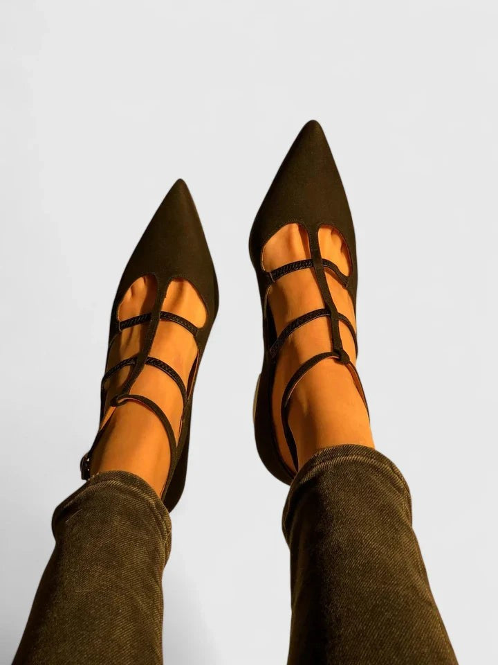 olive green pointed-toe flats with T-strap cutout design