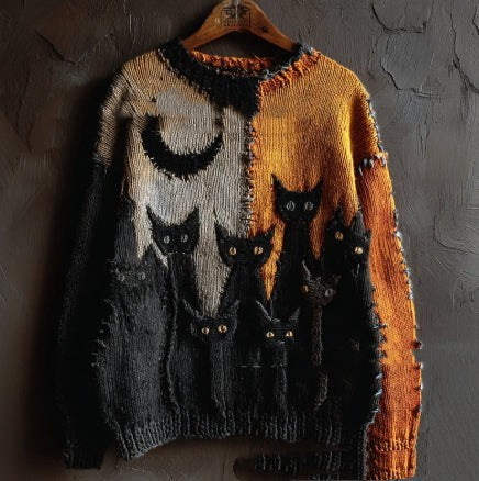 distressed knit sweater with black cat family and crescent moon design
