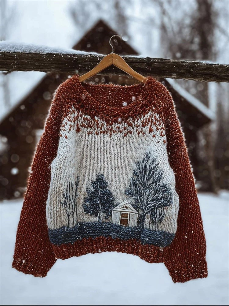 rust and cream sweater with knit winter cabin and pine tree scene