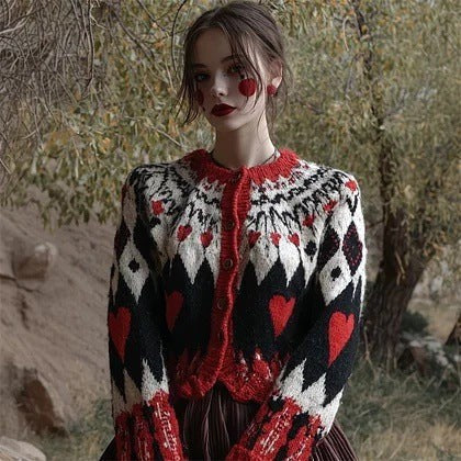 cream cardigan with red heart and diamond fair isle knit pattern
