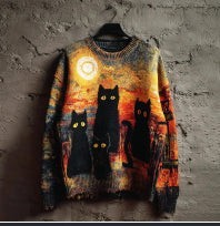 orange knit sweater with black cat silhouettes and glowing moon design