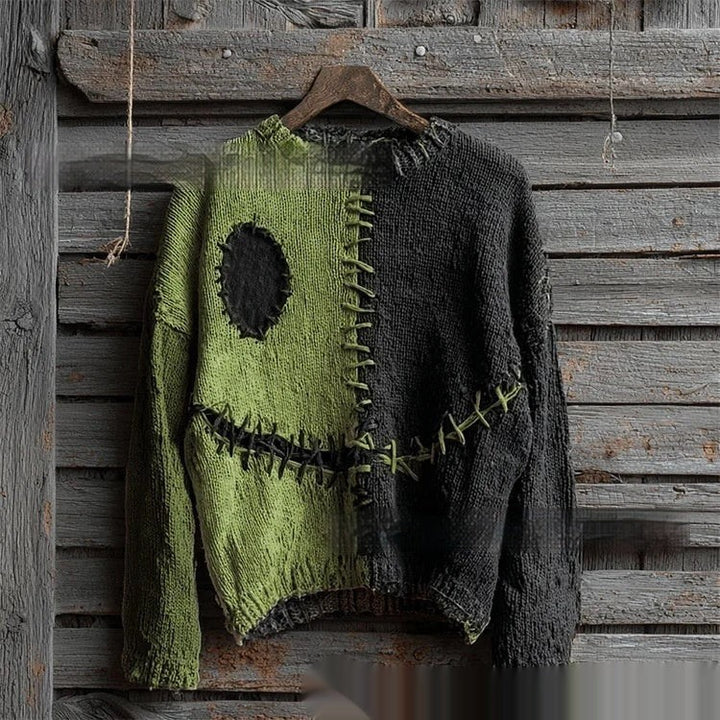 green and black colorblock sweater with frayed stitched patchwork detail