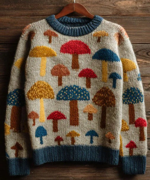 gray wool sweater with colorful knit mushroom pattern print
