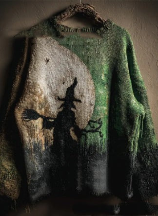 green ombre sweater with witch silhouette and full moon graphic