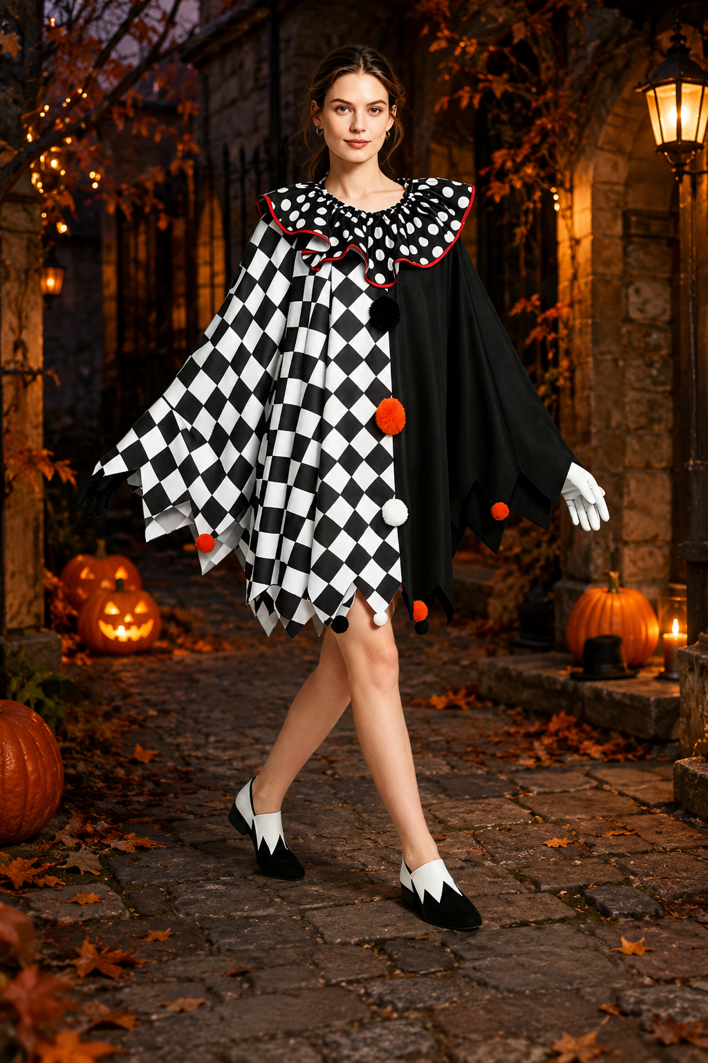 harlequin costume with checkerboard cape and polka-dot ruffle collar on model