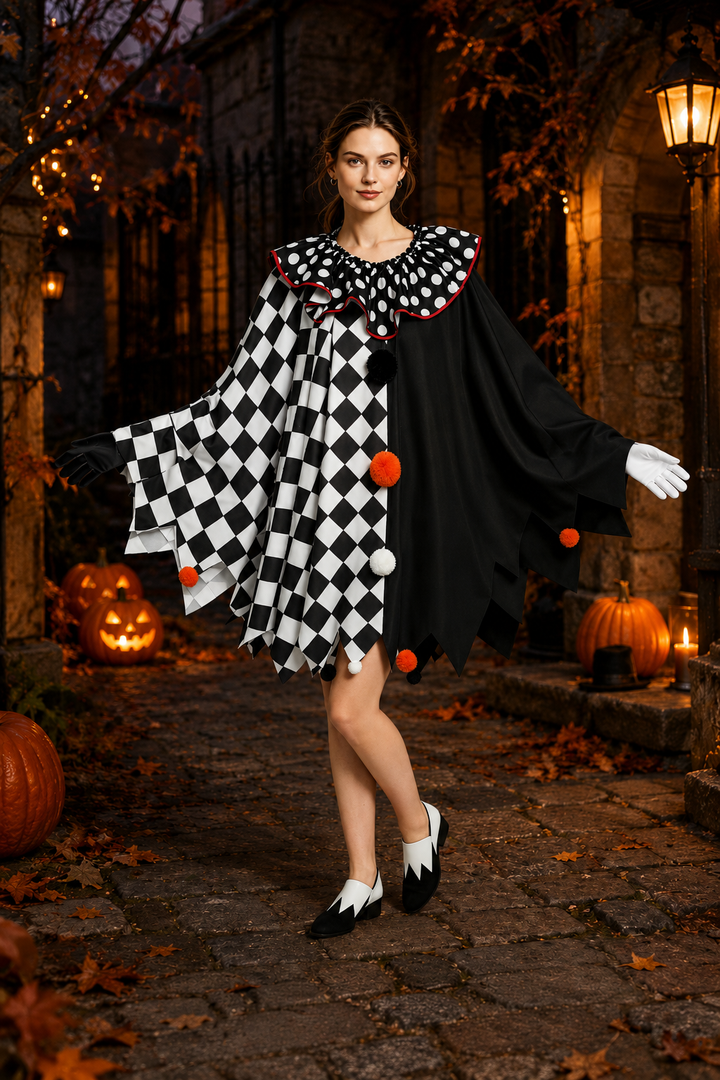woman wearing black and white harlequin Halloween cape with orange pom-poms