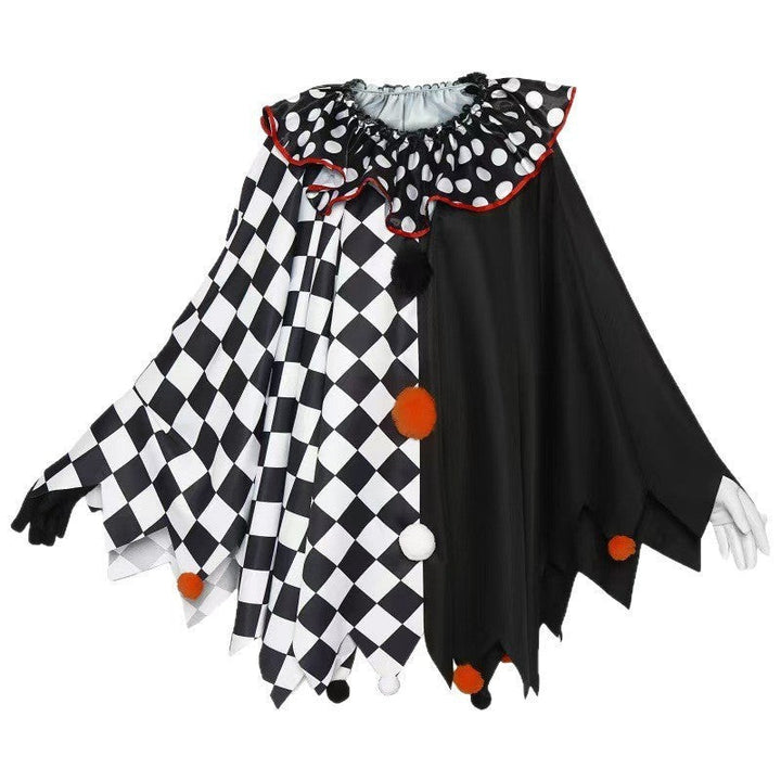 checkerboard and polka-dot harlequin cape costume with pom-pom trim, flat lay