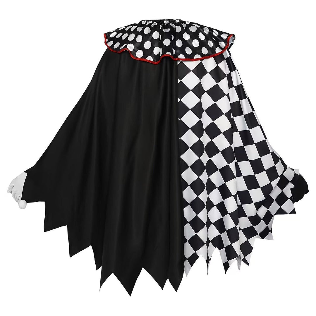 back view of black and checkerboard split cape Halloween costume