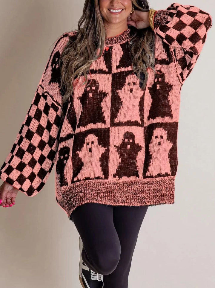 pink and brown checkered oversized sweater with Halloween ghost pattern